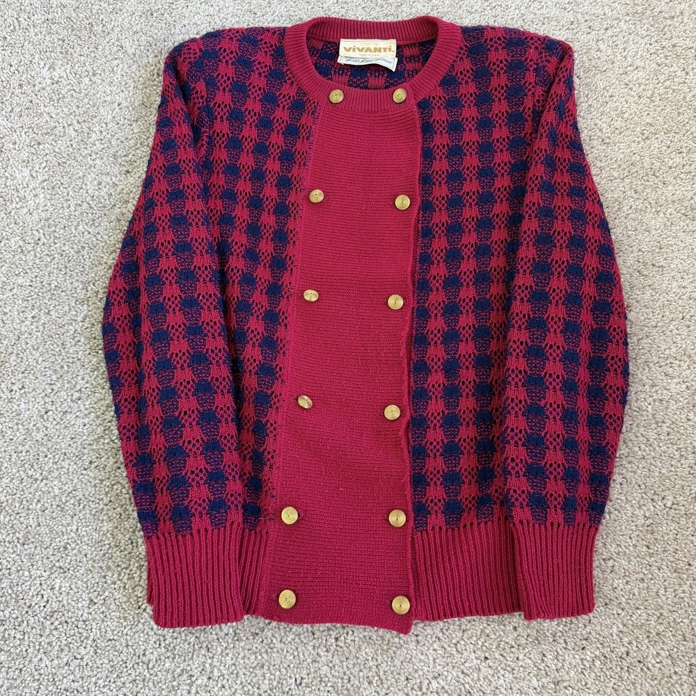 Vintage Vivanti Sweater Cardigan Womens 6 Red Geometric Knit Saks Fifth Ave